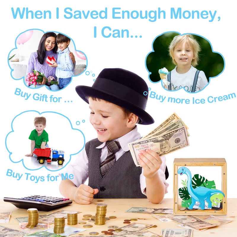 ICOSY Wooden Piggy Bank for Kids Boys Girls, DIY Name Coin Bank Unicorn Dinosaur Money Bank with Letter Stickers - Image 3